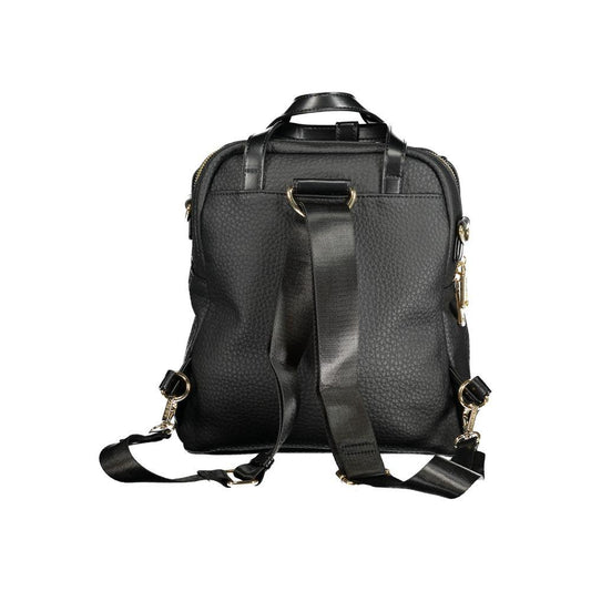 Valentino Bags black polyethylene women's backpack with sleek handles, adjustable straps, and external pocket for easy access.