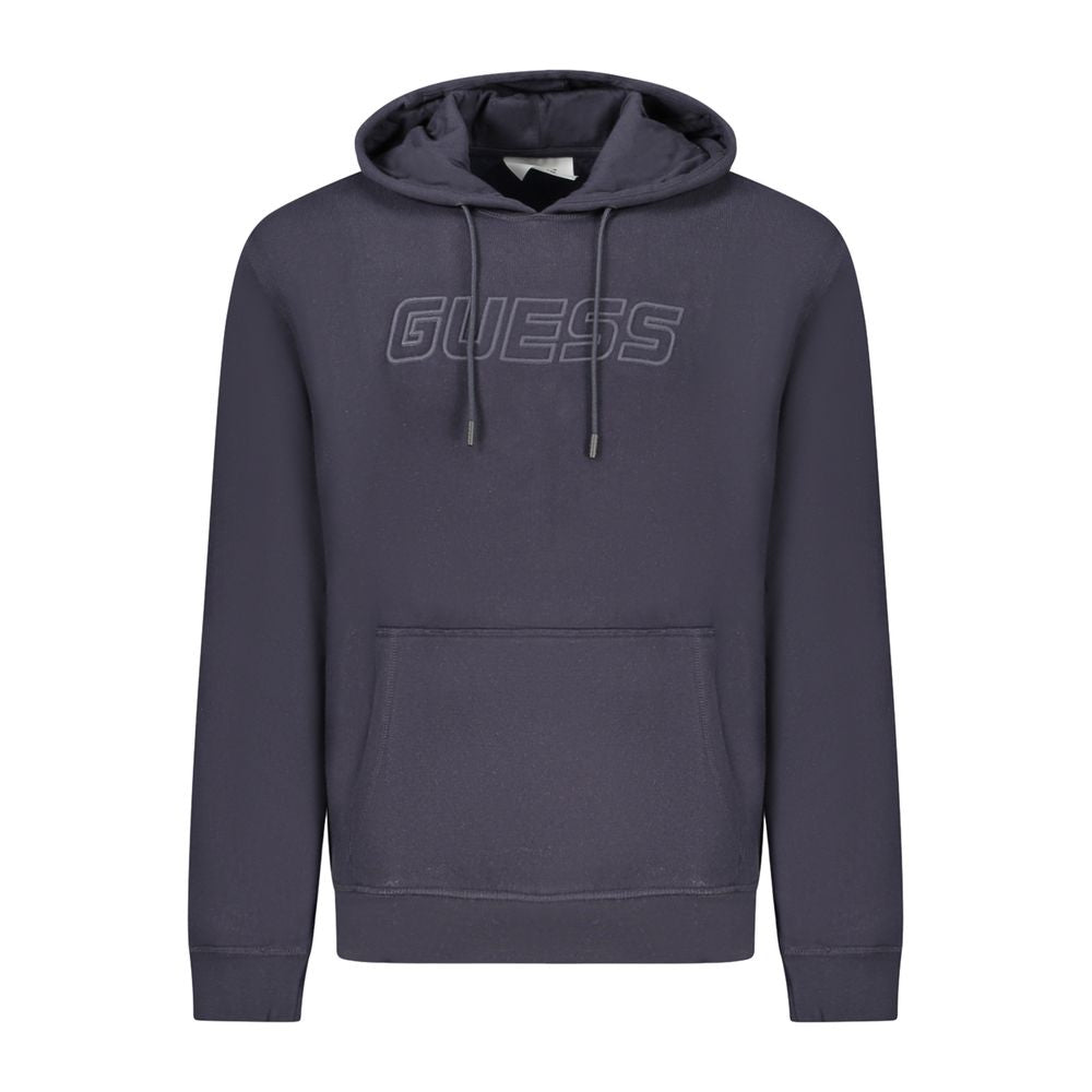 Guess Jeans Blue Cotton Men Sweater with hood and front pocket, showcasing the Guess logo, perfect for casual streetwear style.