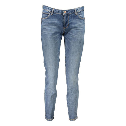 Guess blue skinny jeans with 5 pockets, washed effect, button and zip closure, logo, made from organic cotton