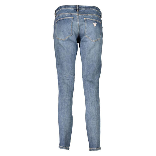 Guess blue skinny jeans with 5 pockets, washed effect, button and zip closure, featuring organic cotton and logo.