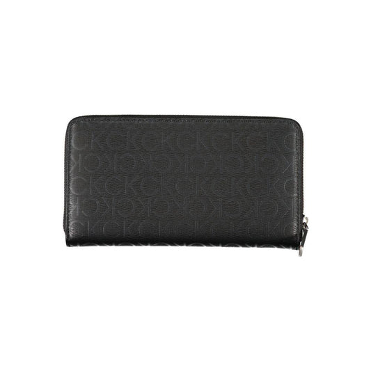 Calvin Klein sleek designer wallet with three compartments, RFID protection, black color, featuring a minimalist design.