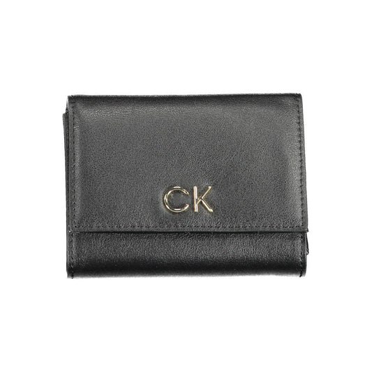 Calvin Klein black polyethylene women's wallet with logo, featuring secure snap closure and RFID lock for stylish protection.