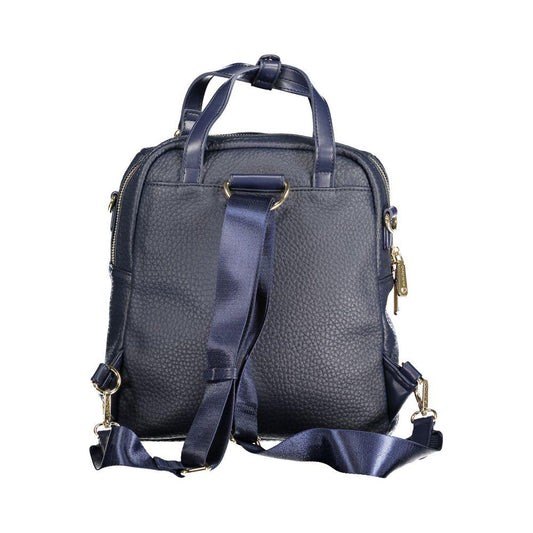 Valentino Bags blue polyethylene women's backpack with adjustable straps and gold-tone zippers, showcasing versatile elegance and chic design.