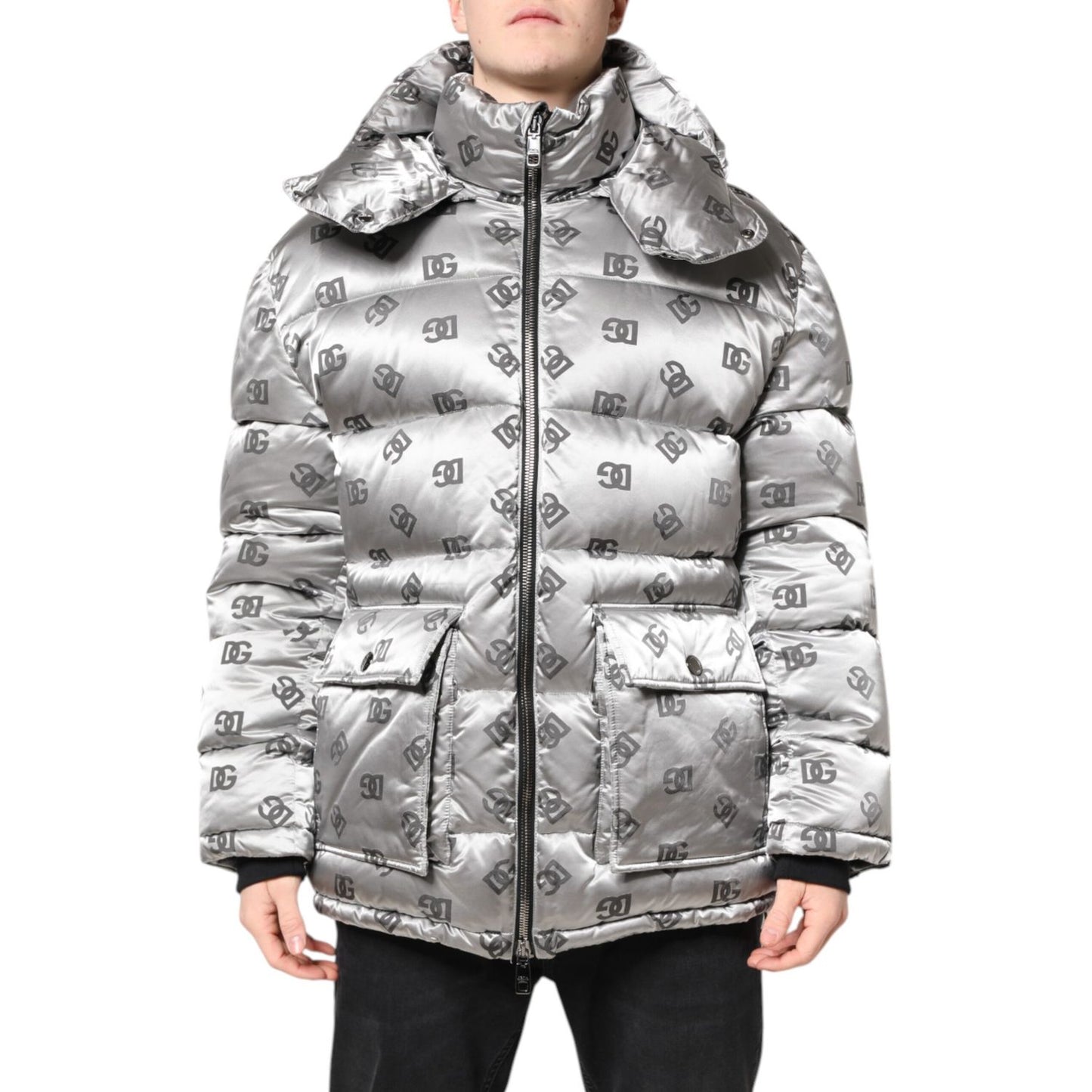 Dolce & Gabbana Silver Logo Full Zip Hooded Quilted Jacket