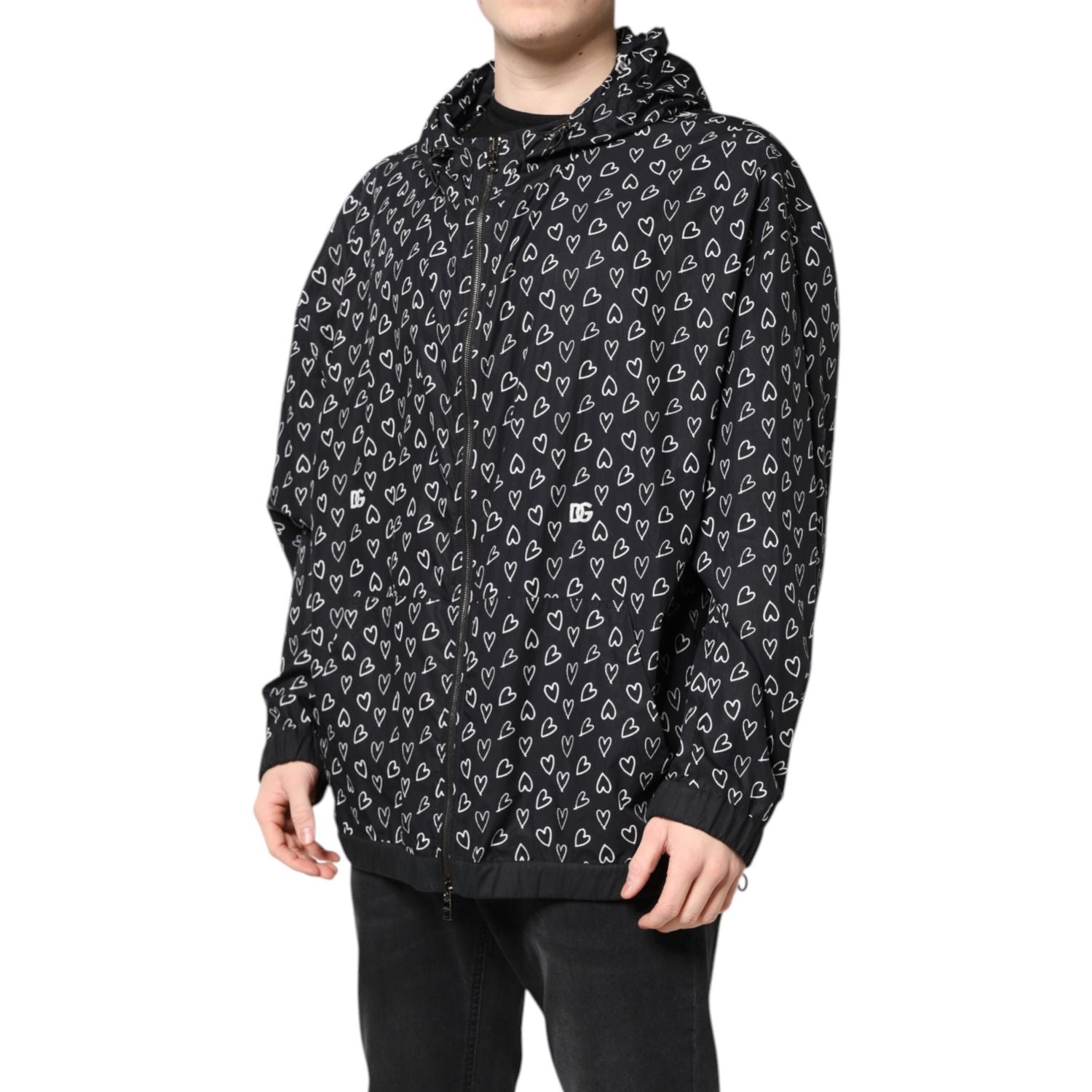 Dolce & Gabbana Black Heart Print Hooded Windbreaker Jacket