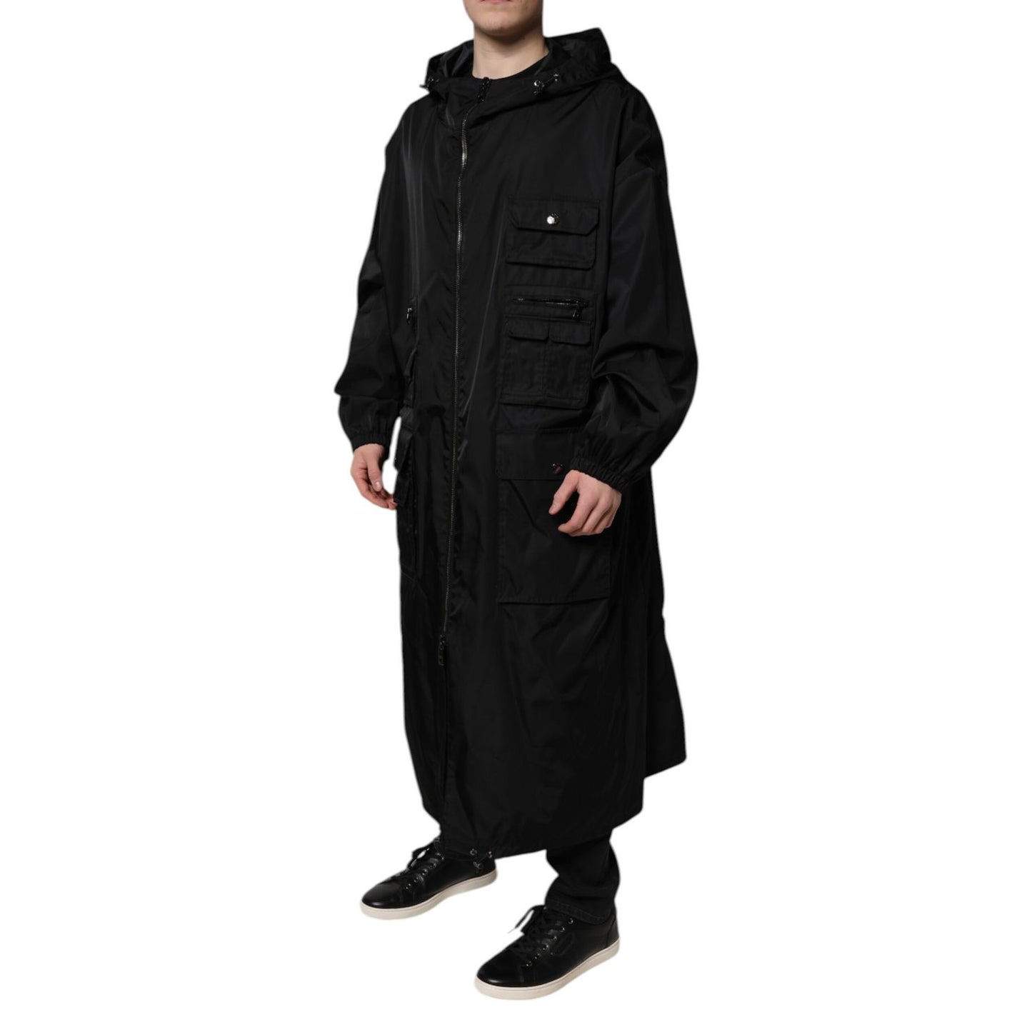 Dolce & Gabbana Black Hooded Long Men Windbreaker Jacket