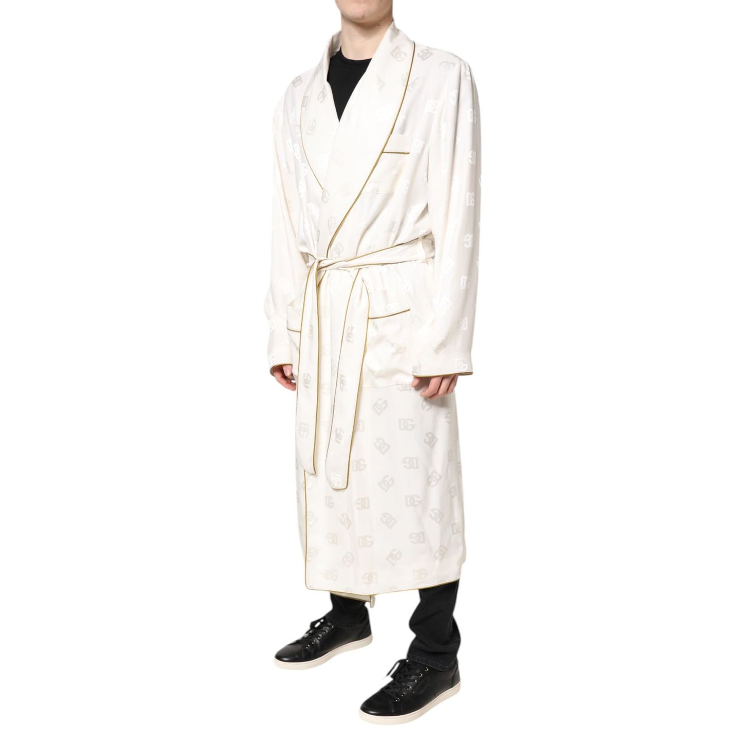 Dolce & Gabbana Ivory Silk Logo Men Wrap Robe Coat Jacket