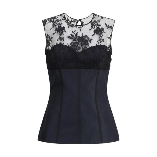 Alexander McQueen Lace Top with elegant lace panel, sleeveless design, and chic back slit for a sophisticated, sensual look.