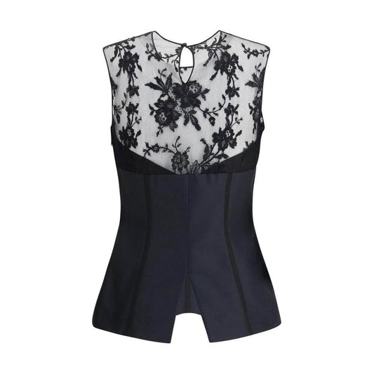 Alexander McQueen sleeveless lace top with floral paneling, button back closure, and side zipper; elegant and sophisticated design.