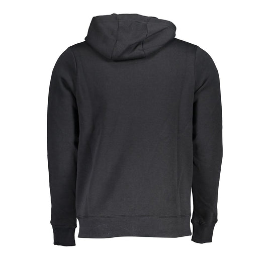 Back view of Norway 1963 black cotton sweater with hood, long sleeves, and fleece material. Features two central pockets and zip closure.