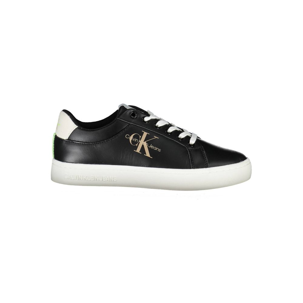 Calvin Klein Black Polyester Women Sneaker with contrasting white sole and CK logo, made from 50% recycled materials for sustainability.