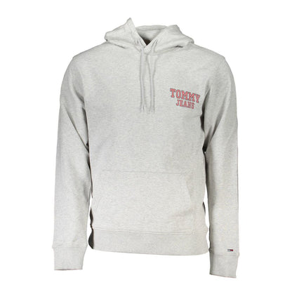 Tommy Hilfiger Gray Cotton Men Sweater, long-sleeved hooded, featuring Tommy logo and central pocket for cozy style.