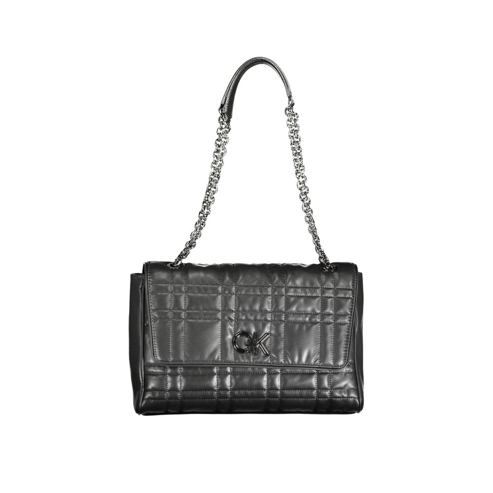 Calvin Klein Black Polyester Women Handbag with chain handles and turnbuckle closure, featuring sleek design and exterior pocket.
