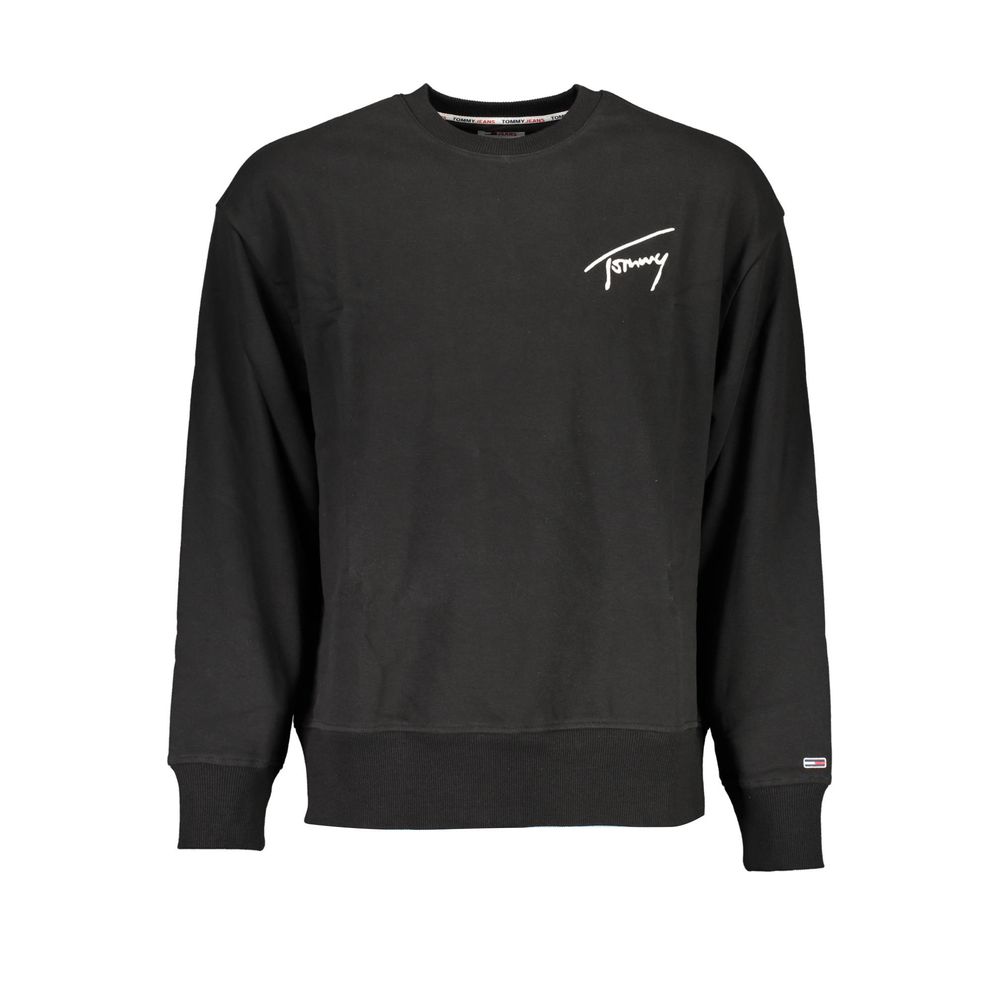 Tommy Hilfiger Black Cotton Men Sweater with logo embroidery, long sleeve crew neck, eco-conscious fashion.