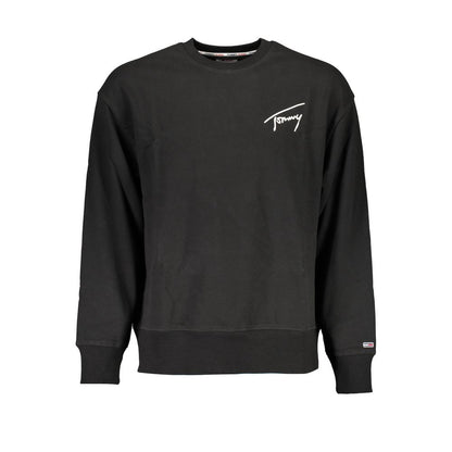 Tommy Hilfiger Black Cotton Men Sweater with logo embroidery, long sleeve crew neck, eco-conscious fashion.