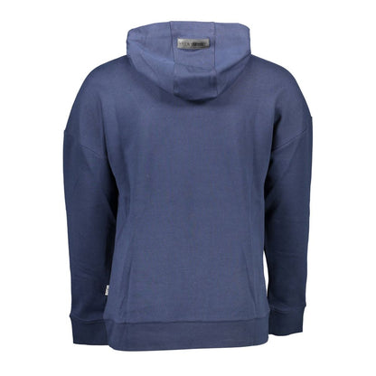 Plein Sport Blue Cotton Men Sweater with hoodie and logo, luxurious and bold sportswear showcasing premium cotton blend material.