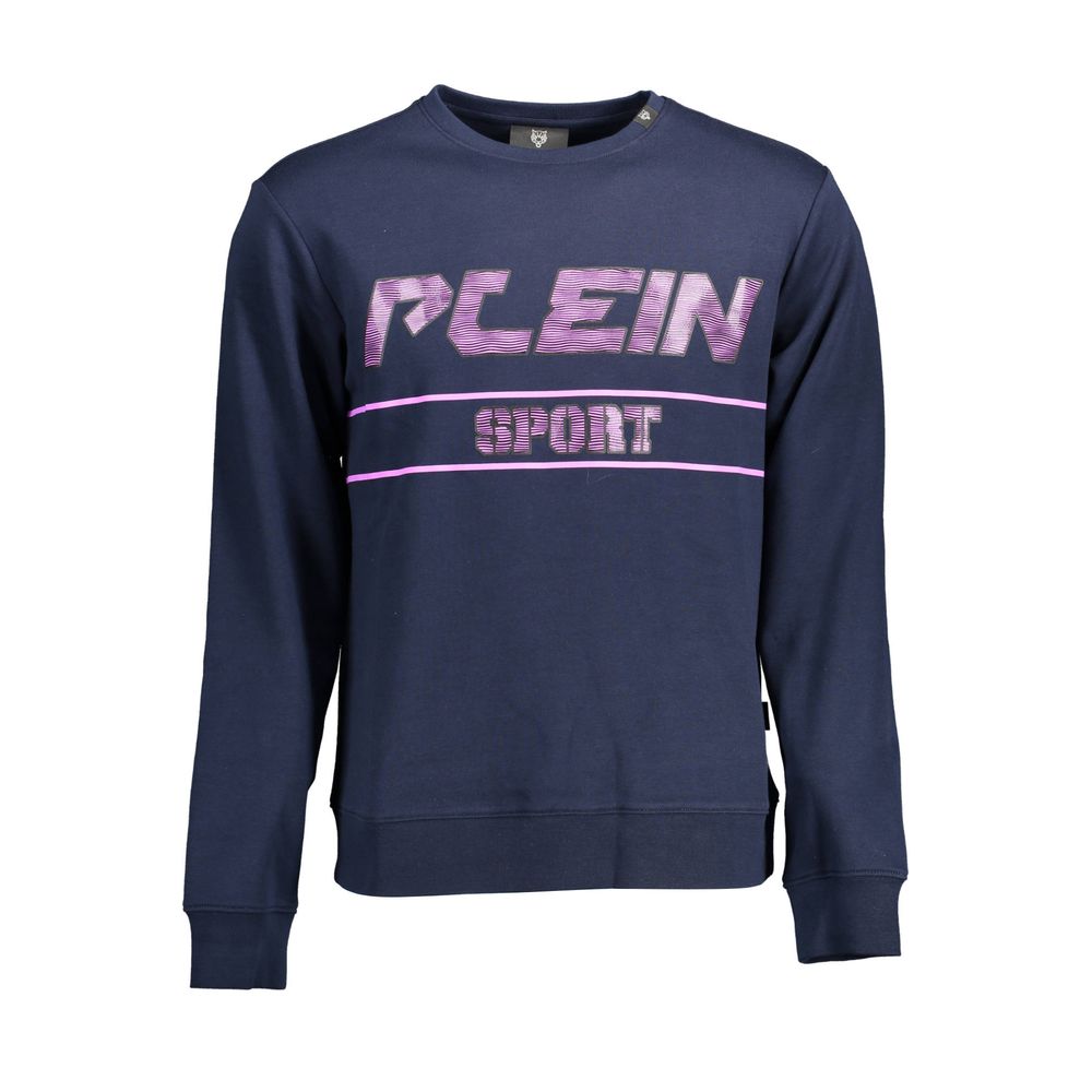 Plein Sport Blue Cotton Men Sweater with striking print and crewneck design, offering edgy aesthetics and luxurious comfort.