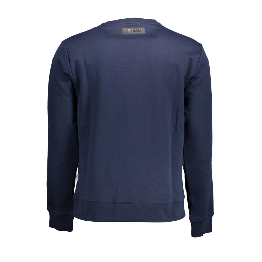 Back view of Plein Sport Blue Cotton Men Sweater with crewneck design and stylish craftsmanship for urban casual wear.