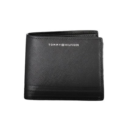 Tommy Hilfiger Black Leather Men Wallet with sleek design and brand logo, features dual compartments and coin purse, classic accessory.