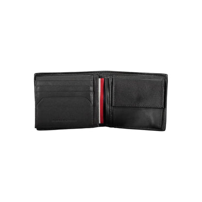 Tommy Hilfiger Black Leather Men Wallet with dual compartments and coin purse, showcasing sleek and sophisticated design for modern men.