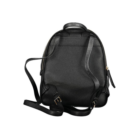 Valentino Bags black polyethylene backpack with handle, adjustable straps, external pocket, compartments, and zip closure.
