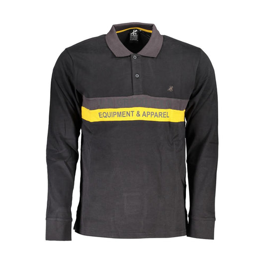 U.S. Grand Polo black cotton long-sleeved polo shirt with two buttons, contrast details, print, embroidery, and logo