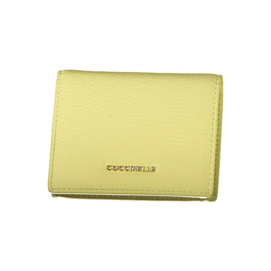 Coccinelle yellow leather wallet with two compartments, coin purse, card spaces, automatic closure, and logo on front.