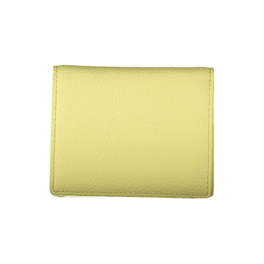 Coccinelle yellow leather wallet with two compartments, coin purse, card slots, automatic closure, and logo.