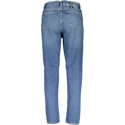 Back view of Calvin Klein blue cotton women jeans with high waist and embroidery details.