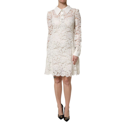 Dolce & Gabbana White Floral Lace Long Sleeves Shift Dress