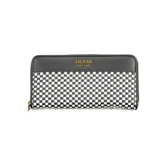Guess Jeans black polyethylene women's wallet with checkered pattern and zipper closure, elegant and functional design.