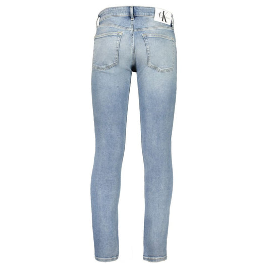 Calvin Klein blue slim taper jeans with washed effect, featuring 5 pockets and logo patch, made from 20% recycled cotton.