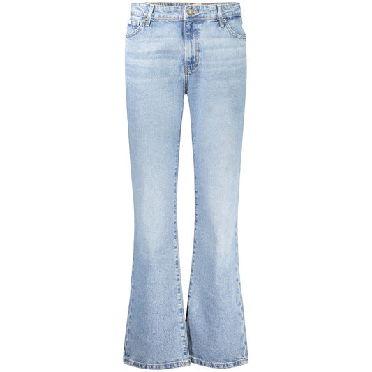 Light blue Guess women's jeans with mid-rise straight fit and washed effect, featuring five-pocket design and button zip closure.