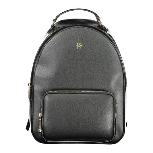 Tommy Hilfiger black polyethylene women's backpack with gold logo, front pocket, and sleek design for modern style.