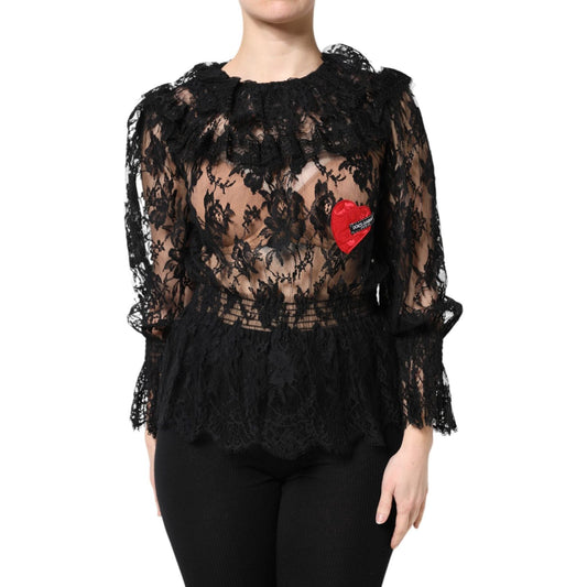 Dolce & Gabbana Black Cotton Floral Lace Women Blouse Top TSH90437-36