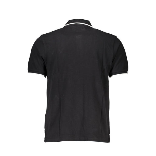 Back view of North Sails black cotton polo shirt with short sleeves, two buttons, and contrast details.