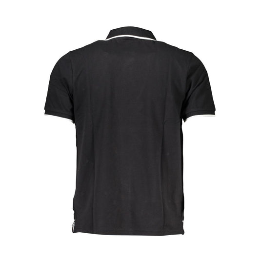 Back view of North Sails black cotton polo shirt with short sleeves, 2 buttons, contrast details, and logo print.