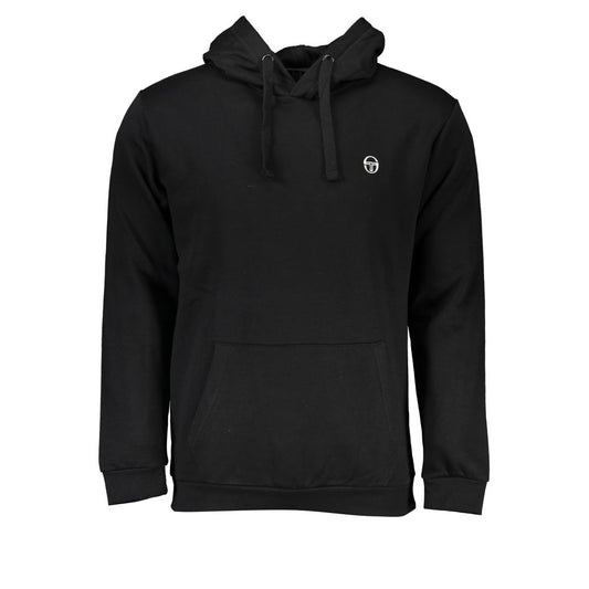 Sergio Tacchini black cotton sweatshirt with hood, long sleeves, central pocket, and embroidered logo detail.