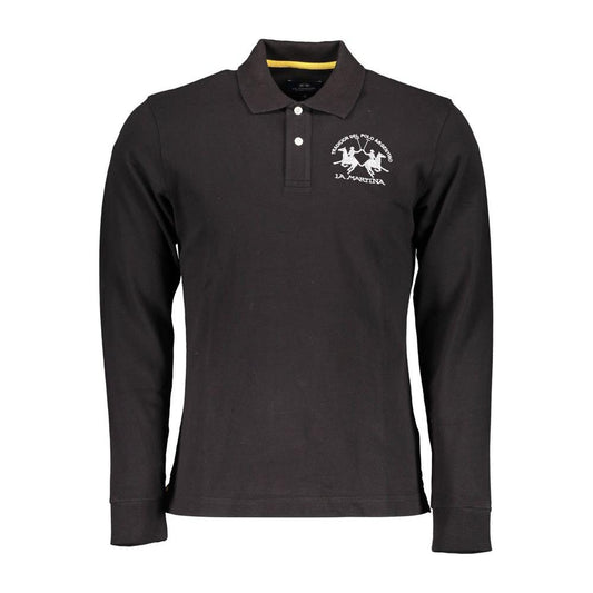 La Martina elegant long-sleeved black polo for men with embroidered logo, showcasing sophisticated design and premium craftsmanship.