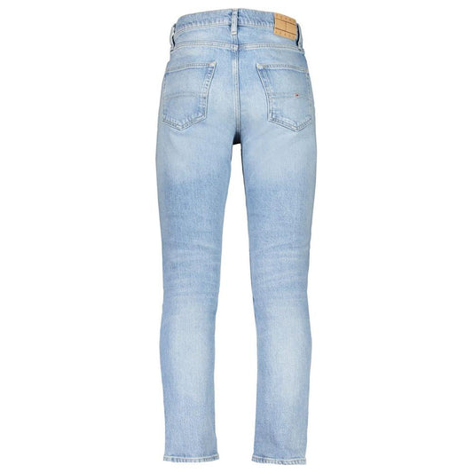 Light blue Tommy Hilfiger men's jeans, back view with tapered fit and subtle logo, highlighting modern style and comfort.