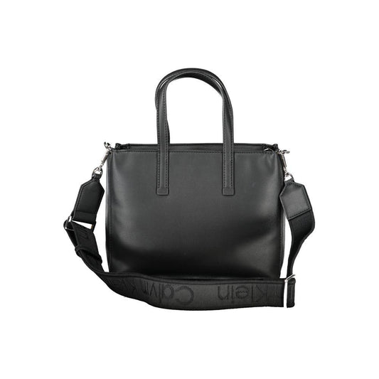 Calvin Klein black polyester women's handbag with dual handles and removable shoulder strap, featuring a chic urban design.
