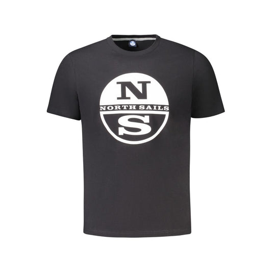 North Sails black cotton men's T-shirt featuring bold logo print, crew neck design, and short sleeves for stylish comfort.