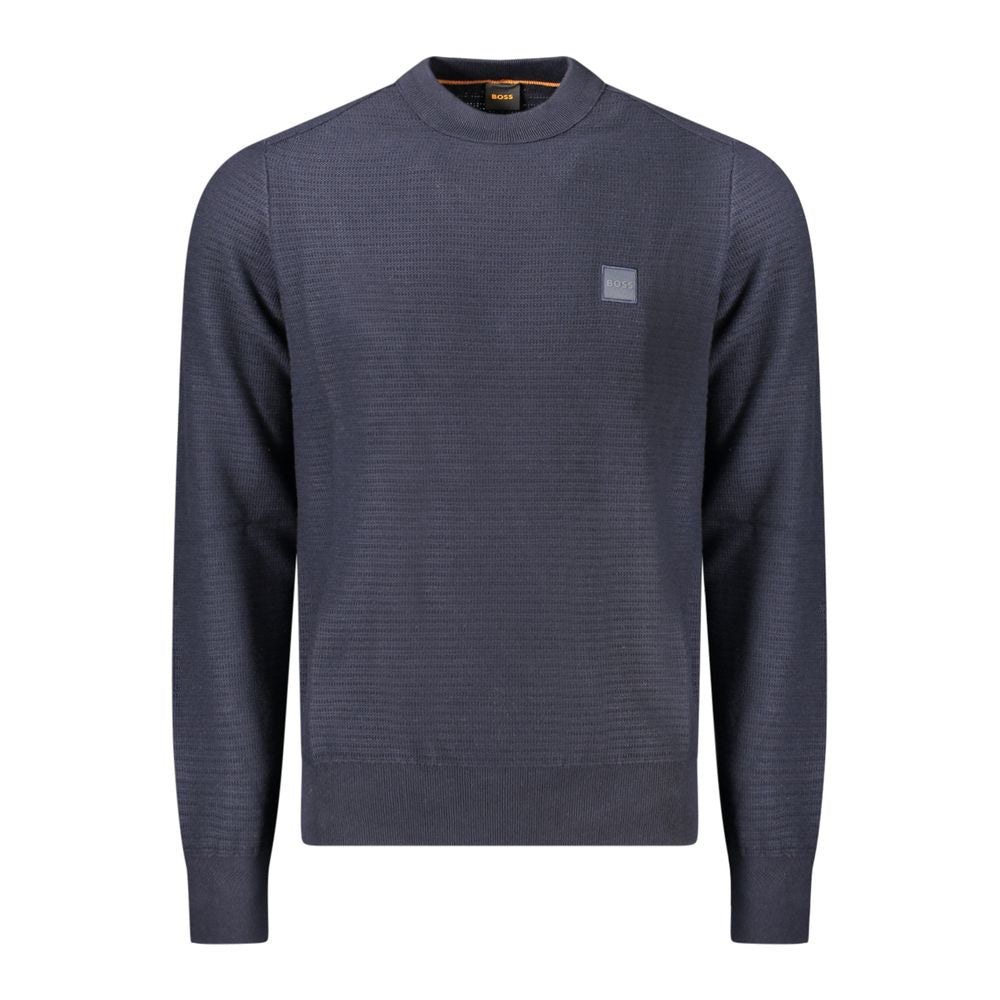 Hugo Boss Blue Cotton Men Sweater with long sleeves and subtle logo detail, featuring a crew neck design for modern style and comfort.