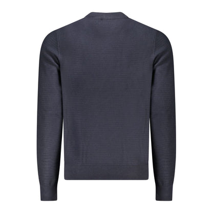 Back view of Hugo Boss Blue Cotton Men Sweater showcasing long sleeves and crew neck design for modern style and comfort.