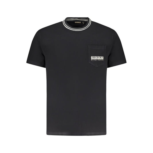 Napapijri black cotton t-shirt with short sleeves, relaxed fit, crew neck, contrasting details, pocket, embroidery, and logo.