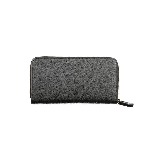 Valentino black polyethylene wallet with zip closure, featuring 6 compartments, coin purse, and double card spaces, eco-friendly design.