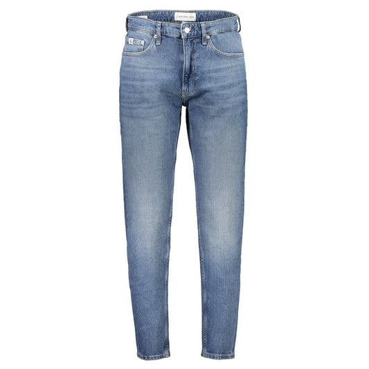 Calvin Klein blue cotton jeans, regular taper, 5 pockets, washed effect, button and zip, logo, 20% recycled cotton.