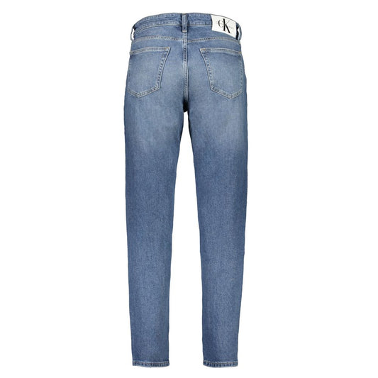 Calvin Klein blue regular taper jeans with washed effect, featuring 5 pockets and a logo, made with 20% recycled cotton.