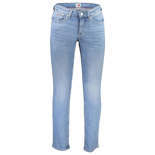 Tommy Hilfiger light blue cotton men's jeans, sleek Scanton slim fit with subtle embroidery and iconic logo, trendsetting style.