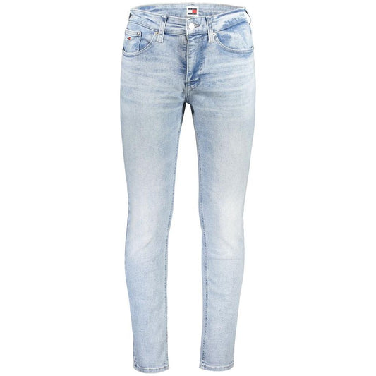 Tommy Hilfiger light blue slim tapered men's jeans with a washed effect, featuring iconic logo on waistband.